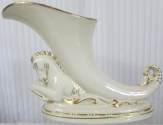 Vintage PRINCETON Art Pottery, HORSE Pattern Vase, Cornucopia Shape, Gold Metallic Accents, Appx 11'