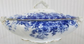 Vintage BURGESS & LEIGH Dinnerware, Covered VEGETABLE Serving Bowl, Flow Blue WILDFLOWER Pattern, Appx 11.5'