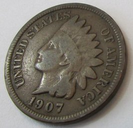 Authentic 1907P INDIAN Cent $.01 Penny, Philadelphia Mint, Copper, Discontinued United States Type Coin