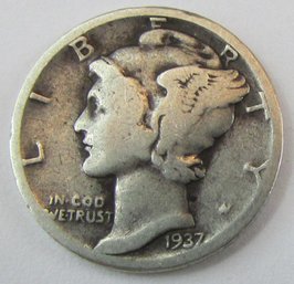 Authentic 1937P MERCURY SILVER DIME $.10, PHILADELPHIA Mint, 90 Percent Silver, Discontinued United States