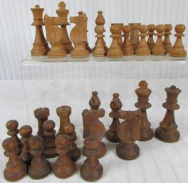 Vintage CHESS PIECE Set, 32 Pieces Carved Wood, Green Felt Bottoms