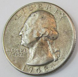 Authentic 1948P WASHINGTON SILVER QUARTER Dollar $.25, Philadelphia Mint, 90 Percent Silver, United States