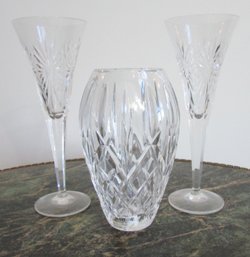SET Of 3 Pieces! Signed WATERFORD, Millennium Toasting Flutes & Flower Vase, Lead Crystal, Flutes Appx 9' Tall