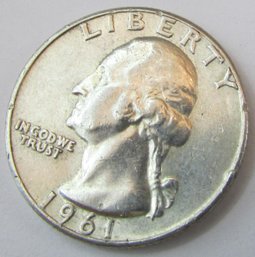 Authentic 1961P WASHINGTON SILVER QUARTER Dollar $.25, Philadelphia Mint, 90 Percent Silver, United States