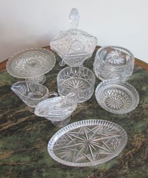 Set 8 Pcs! Vintage Pressed Cut Crystal, Intricate Patterns, Includes Bowls Candy Dish Sugar Creamer
