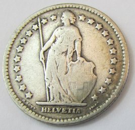 Authentic Switzerland Issue Coin, Dated 1911B, Helvetia, One 1 Swiss Franc, Silver Content