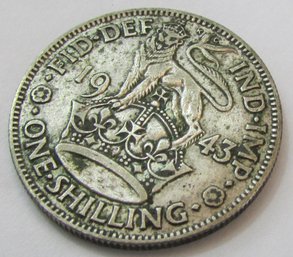 Authentic GREAT BRITAIN Coin, Dated 1943, One 1 Shilling, Silver Content, Discontinued Design