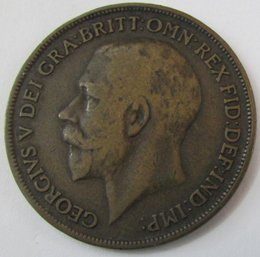 Authentic Great Britain Issue Coin, Dated 1918, One 1 PENNY Denomination, Discontinued, Copper Content