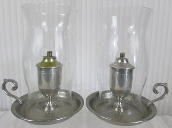 LOT Of 2! Vintage SHIRLEY Brand, Hand Made Oil Lamps, PEWTER Bases, Glass Shades, Appx 8'