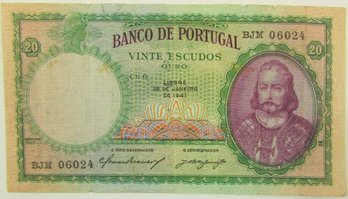 Authentic PORTUGAL Issue, Dated 1941, Genuine Twenty Vinte 20 ESCUDOS Currency NOTE, Signed Legacy Bill