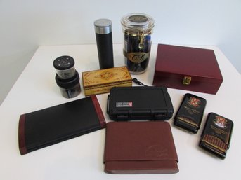 Lot Of CIGAR Related Items, Small Humidor, Storage Boxes & Advertising Packaging