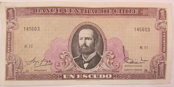 Authentic CHILE Issue, Genuine One 1 Un ESCUDO, Currency Bill, Bank Note