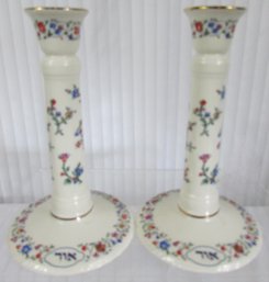 Set Of 2! Vintage Signed LENOX Fine China, Tall CANDLESTICKS, L'CHAIM Pattern, GOLD Trim, Appx 8'