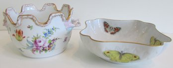 Lot Of 2! Vintage LIMOGES & DRESDEN Bowls, Multicolor FLORAL & BUTTERFLY Designs, Approx 6.5'