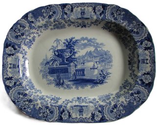 Antique E. & Co Brand China, OBLONG Serving PLATTER, Blue Transferware WARWICK VASE Pattern, Appx 18'