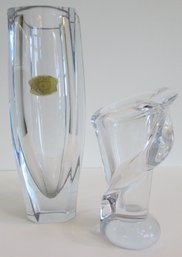 Lot Of 2! Signed VANNES & VAL ST LAMBERT Brands, Vintage FLOWER VASES, Crystal Clear, Largest Appx 11.5' Tall