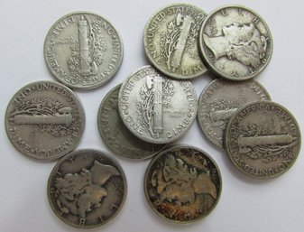 Set 10 Coins! Authentic MERCURY SILVER DIMES $.10, Mixed Dates, 90 Percent Silver, Discontinued United States