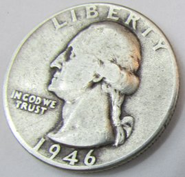 Authentic 1946P WASHINGTON SILVER QUARTER Dollar $.25, Philadelphia Mint, 90 Percent Silver, United States