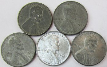 LOT Of 5 Coins! Authentic Wartime Issue, 1943P LINCOLN Cent, ZINC STEEL WHEAT Penny $.01, United States