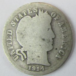 Authentic 1914D BARBER Or LIBERTY SILVER DIME $.10, DENVER Mint, 90 Percent Silver, Discontinued United States