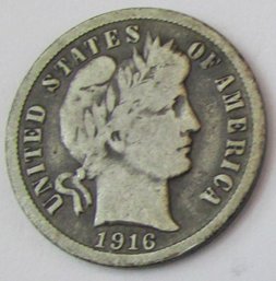 Authentic 1916S BARBER Or LIBERTY SILVER DIME $.10, San Francisco Mint, 90 Percent Silver, United States