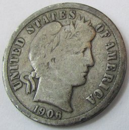 Authentic 1906D BARBER Or LIBERTY SILVER DIME $.10, Philadelphia Mint, 90 Percent Silver, United States