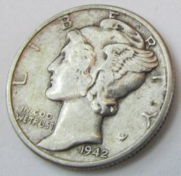 Authentic 1942P MERCURY SILVER DIME $.10, PHILADELPHIA Mint, 90 Percent Silver, Discontinued United States