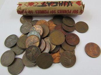 LOT Of 50 Coins! Authentic WHEAT LINCOLN Cent Penny $.01, Mixed Dates, Copper Content, United States