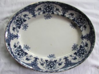 Vintage OVAL Serving PLATTER, Blue Transferware QUEEN Floral Pattern, Appx 18.5'