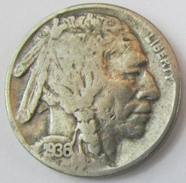 Authentic 1936P BUFFALO NICKEL $.05, Philadelphia Mint, Discontinued United States Type Coin