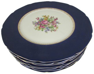 Set Of 7! Vintage EPIAG Brand, DINNER PLATES, Cobalt Blue Band, FLORAL Pattern, Gold Trim, Appx 11'