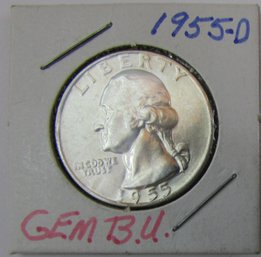 Authentic 1955D WASHINGTON QUARTER Dollar Twenty Five Cents $.25, DENVER Mint 90 Percent SILVER, United States