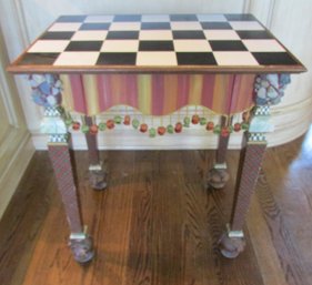 Signed MACKENZIE CHILDS Brand, Painted Wood SIDE TABLE With Drawer, Tassel Fringe, Approx 28' Wide