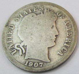 Authentic 1907P BARBER Or LIBERTY SILVER DIME $.10, Philadelphia Mint, 90 Percent Silver, United States