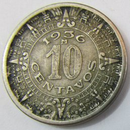 Authentic MEXICO Issue Coin, Dated 1936, Ten 10 Centavos Denomination, Copper Nickel Content, Discontinued