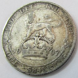 Authentic GREAT BRITAIN Coin, Dated 1907, One 1 Shilling, Silver Content, Discontinued Design