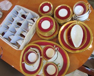 Set Of 72 Pieces! Vintage Signed AYNSLEY Dinnerware, Gold Trim BUCKINGHAM MAROON Pattern, Includes SERVING Pcs