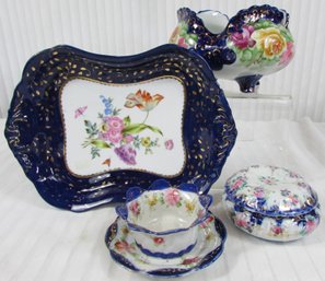 Set Of 4! Vintage Fine China Occasional Pieces, Cobalt Blue & Floral Patterns, Gold Trim