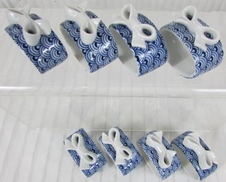 Set Of 8! Vintage Porcelain Base NAPKIN RINGS, Dimensional BOW Design, Blue & White, Appx 2.5'