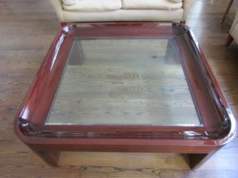 Modern GLASS & WOOD Coffee Table, Hand Crafted MAHOGANY Red Color, BEVELED Glass Top, Approx 46' Square