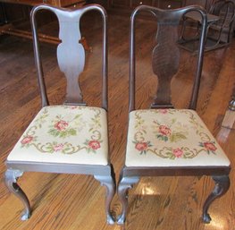 Set Of 2! Antique SIDE CHAIRS, Curvy QUEEN ANNE Style, NEEDLEPOINT Floral, Wood Frame & Back, Approx 38' High