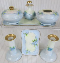 Lot 7 Pieces! Vintage UC LIMOGES Brand Fine China, DRESSER SET, Hand Painted FORGET ME NOT Flowers, FRANCE