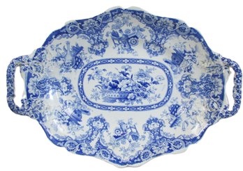 Vintage CANTON GROUPS Brand, Handled SERVING DISH, Blue TRANSFERWARE Pattern, Approx 11'