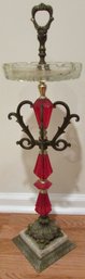 Vintage Floor Standing ASH TRAY, Ruby RED Faceted Glass Beads, Antiqued Finish Metal, Approx 28' Tall