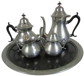 LOT Of 5 Pieces! Vintage ROYAL HOLLAND Brand, TEA SET With TRAY, Sleepy Hollow Reproductions PEWTER