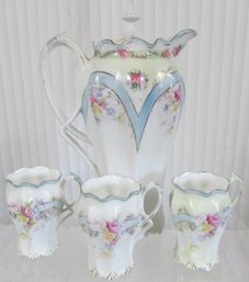 Lot 4 Pieces! Vintage CHOCOLATE POT & CUPS Set, Roses & Flowers Pattern, White Base & Gold Trim, Appx 9.5'