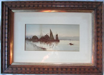 Vintage LOUIS K. HARLOW Print, 'A NEW ENGLAND WHARF,' Approx 24.75' X 17.75' Size, Wood Frame