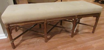 Vintage SEATING BENCH, Lattice Design Faux Bamboo Base, Tufted Cushion In Neutral Fabric, Approx 57' Long