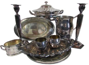 Set Of 10 Pieces! Vintage SILVERPLATE, Includes Pitcher, Trays, Covered Casserole & Candlesticks