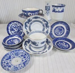 Set Of 15 Pieces! Vintage BLUE & WHITE Dinnerware, Includes Plates, Hatpin Holder, Cups & Saucers